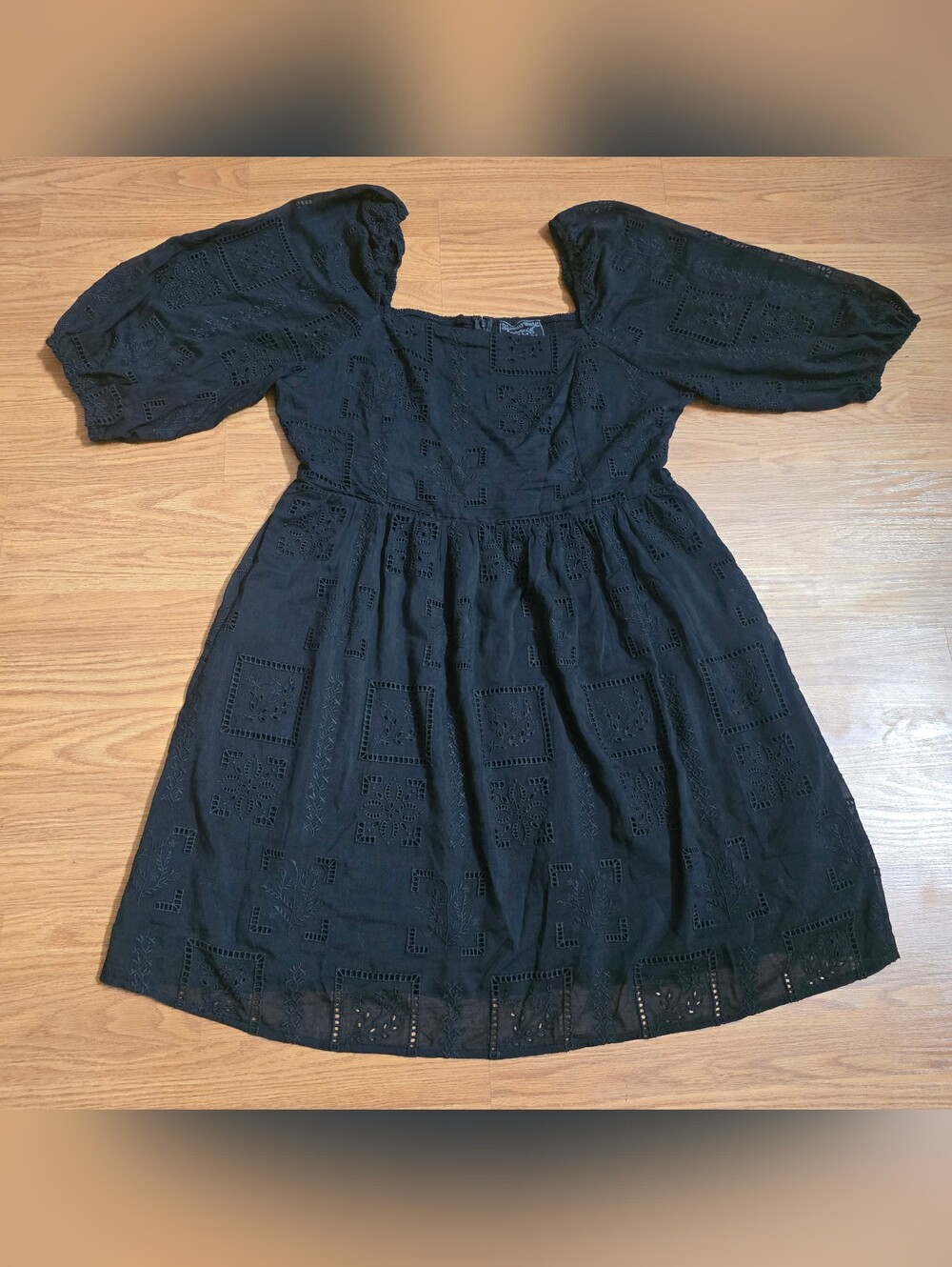 Johnny Was Jade Large Black Eyelet Midi Dress Cotton Silk Boho Goth Cottagecore
